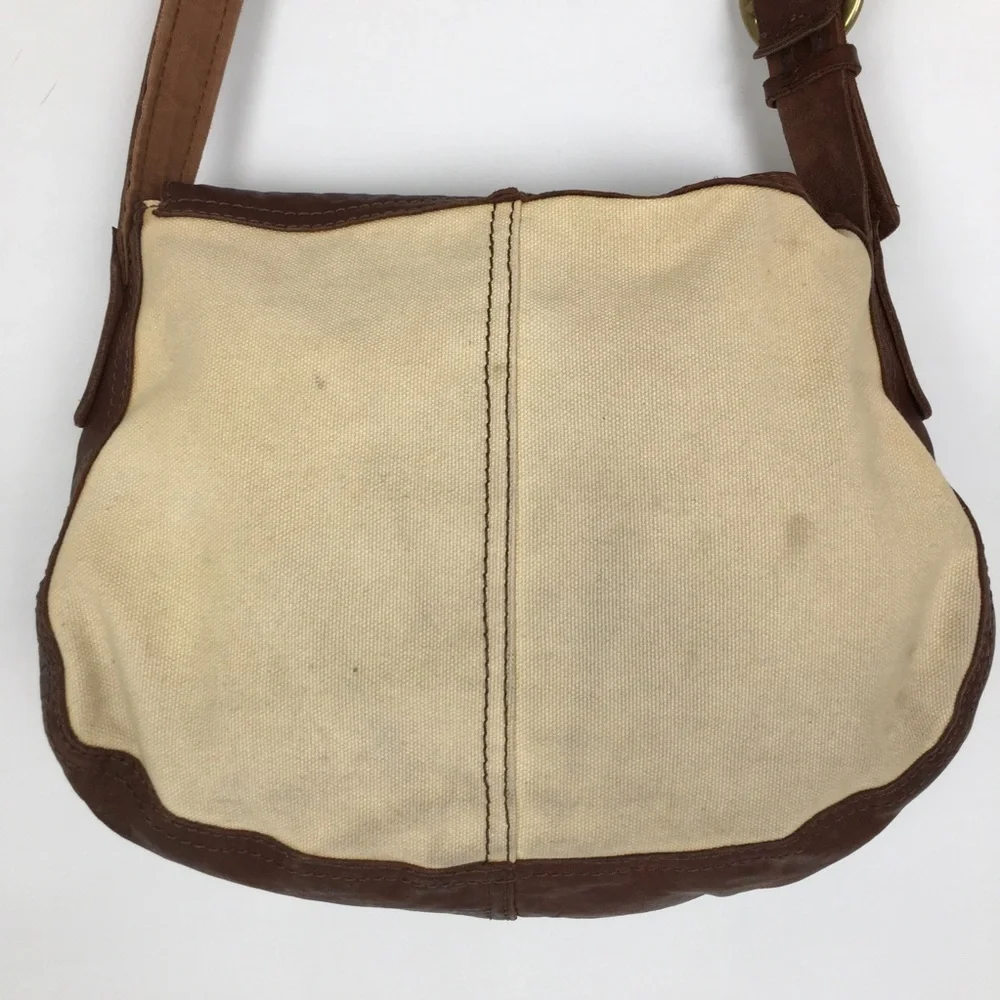 Lucky Brand Italian Leather & Canvas Shoulder Bag Brown Tan Hobo Bag Purse